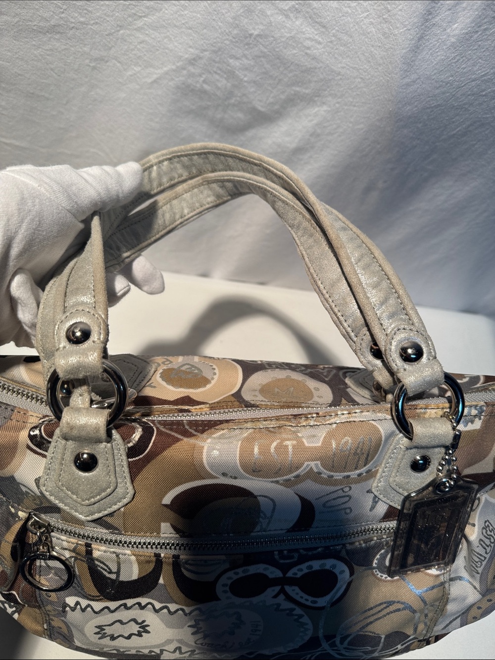 Coach Poppy Neutral Multi-Pattern Tote in Taupe, Brown and Cream - Picture 6 of 14